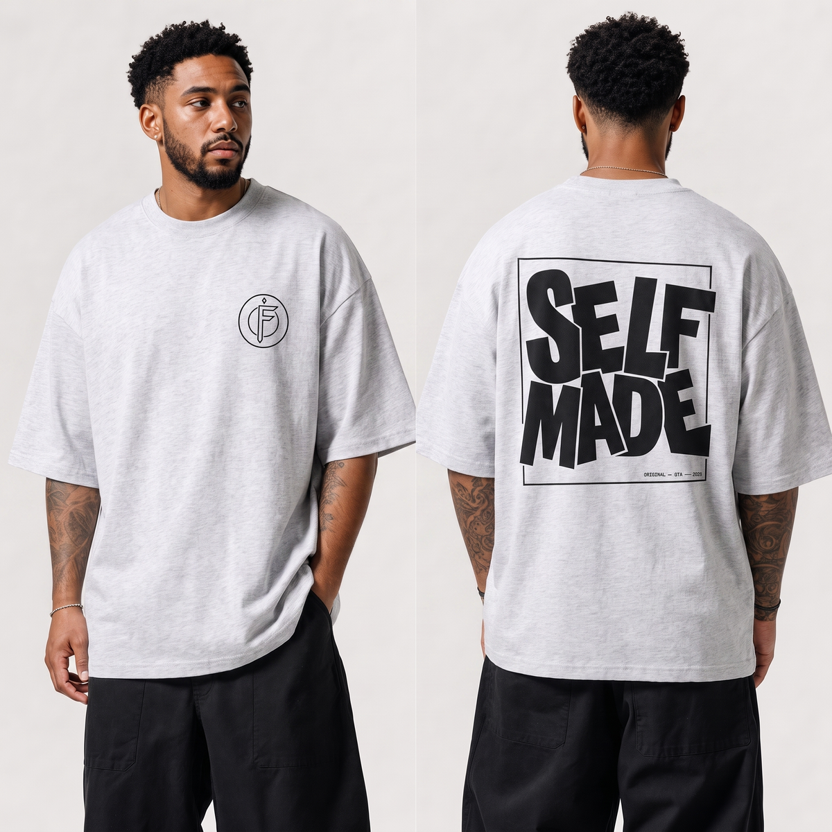 Front and back view of a man wearing a light heather grey (Icy Rock) oversized t-shirt. Front shows a small circular F icon on the left chest. Back shows a bold black block-lettered SELF MADE graphic in a rectangular box, with ORIGINAL GTA 2026 text below.