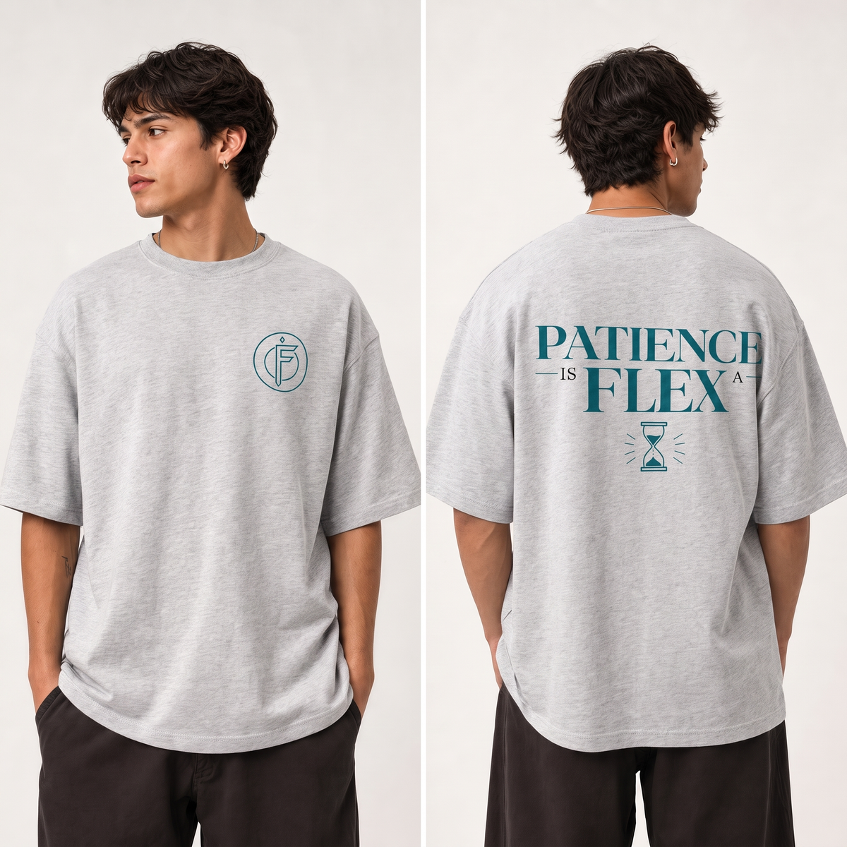 Front and back view of a model wearing a light heather grey Icy Rock oversized t-shirt. Front shows a small teal circular F icon on the left chest. Back shows PATIENCE IS FLEX text in teal with an hourglass icon below.