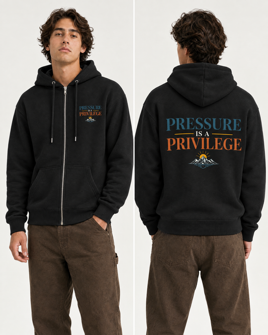 Front and back studio photo of a model wearing a black Pressure Is Privilege full-zip hoodie.