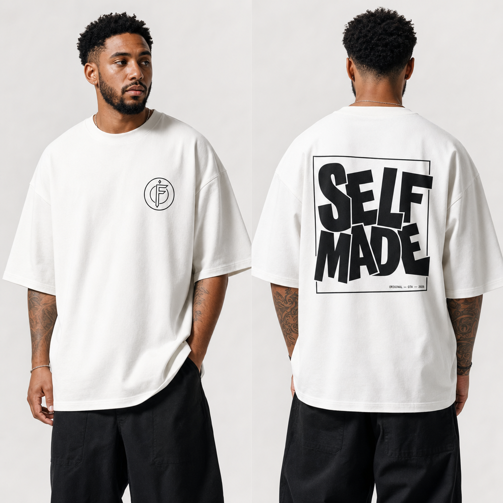 Front and back view of a man wearing an off-white oversized t-shirt. Front shows a small circular F icon on the left chest. Back shows a bold black block-lettered SELF MADE graphic in a rectangular box, with ORIGINAL GTA 2026 text below.