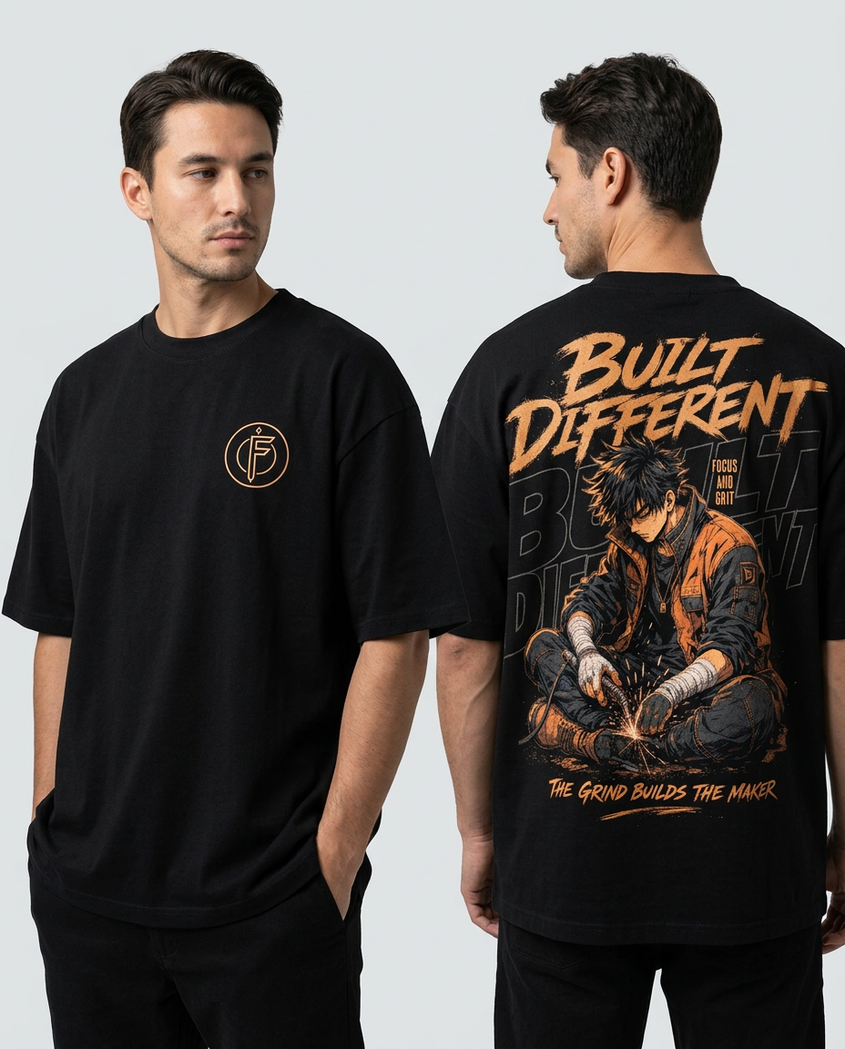 Editorial studio photo of a model wearing an oversized heavyweight t-shirt with a BUILT DIFFERENT graphic, front and back views, relaxed streetwear fit, clean studio background.