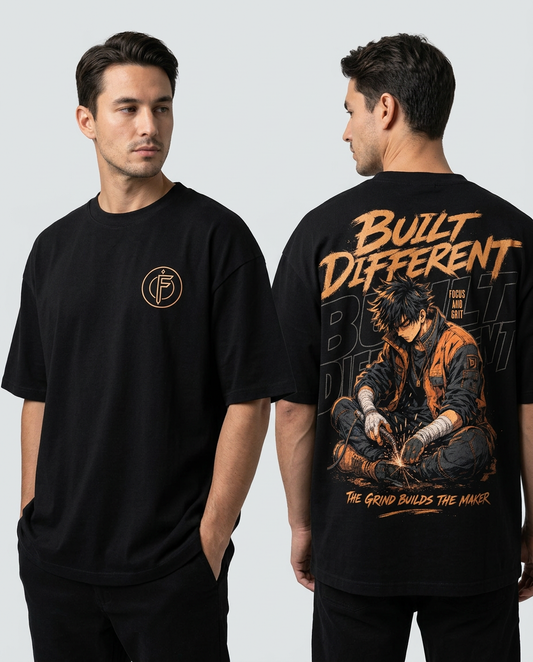 Editorial studio photo of a model wearing an oversized heavyweight t-shirt with a BUILT DIFFERENT graphic, front and back views, relaxed streetwear fit, clean studio background.