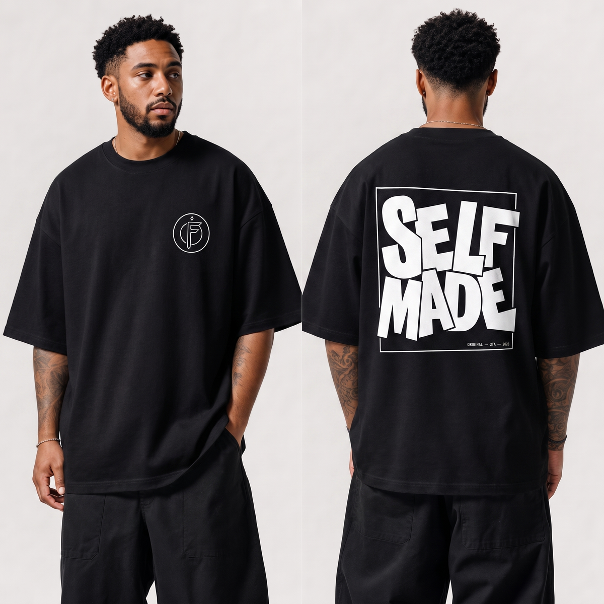 Front and back view of a man wearing a black oversized t-shirt. Front shows a small circular F icon on the left chest. Back shows a bold white block-lettered SELF MADE graphic in a rectangular box, with ORIGINAL GTA 2026 text below.