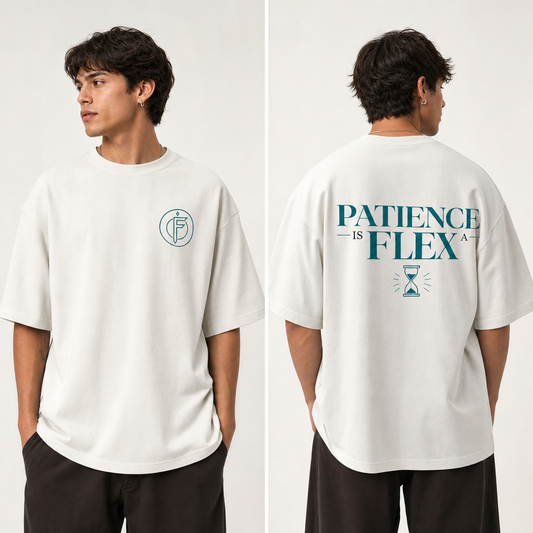Front and back view of a model wearing an off-white full-zip hoodie. Front shows a small teal circular F icon on the left chest. Back shows PATIENCE IS FLEX text in teal with an hourglass icon below.