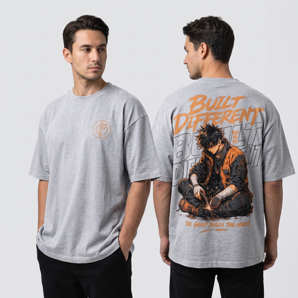 Editorial studio photo of a model wearing an oversized light heather grey Icy Rock heavyweight t-shirt with the BUILT DIFFERENT graphic in black ink, front and back views, relaxed streetwear fit, clean studio background.