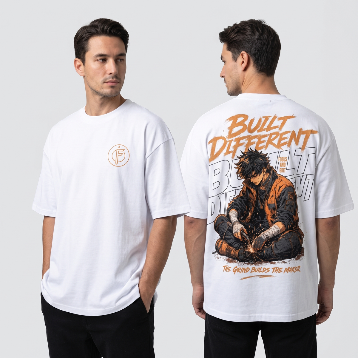 Editorial studio photo of a model wearing an oversized pure white heavyweight t-shirt with the BUILT DIFFERENT graphic, front and back views, relaxed streetwear fit, clean studio background.