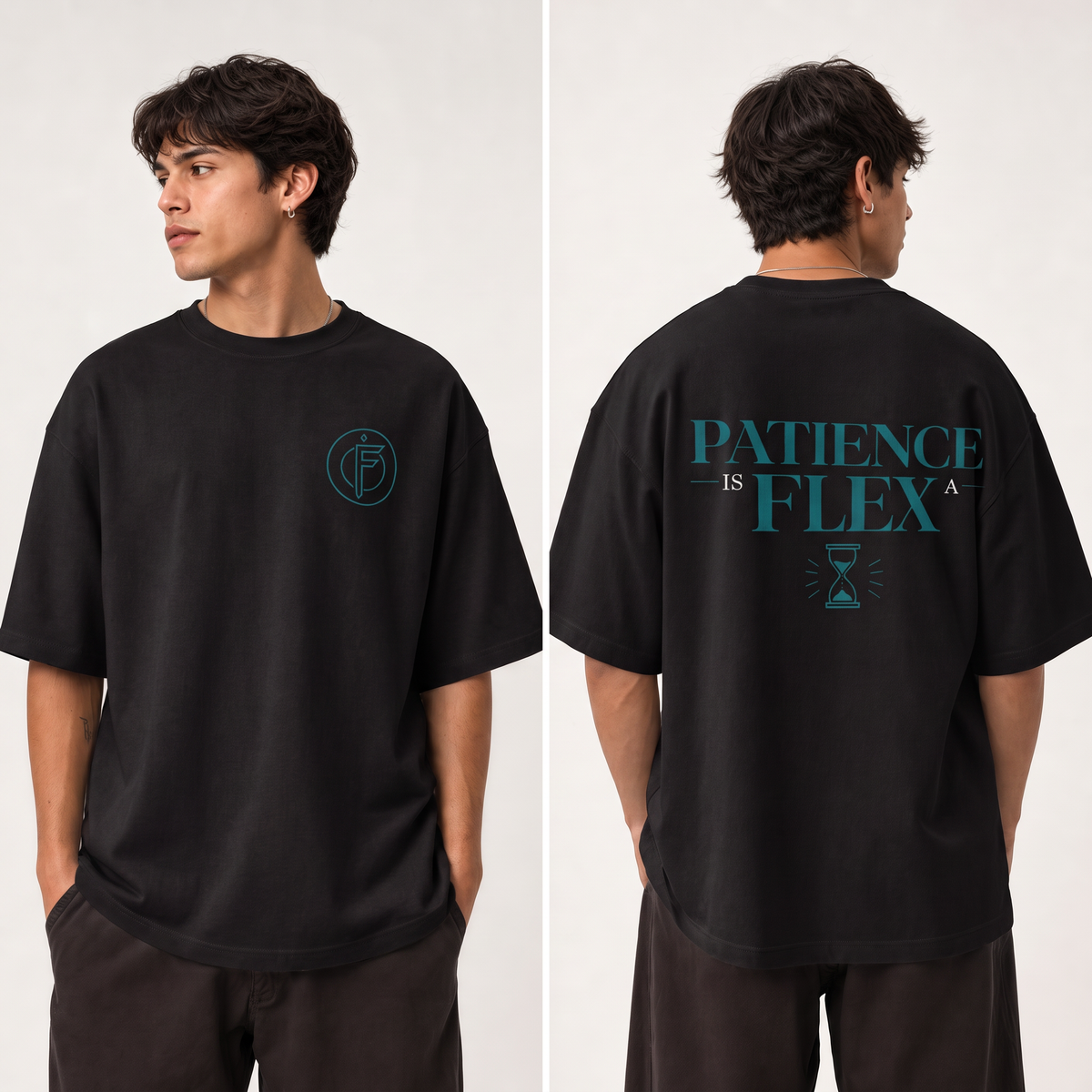 Front and back view of a model wearing a black oversized t-shirt. Front shows a small teal circular F icon on the left chest. Back shows PATIENCE IS FLEX text in teal with an hourglass icon below.