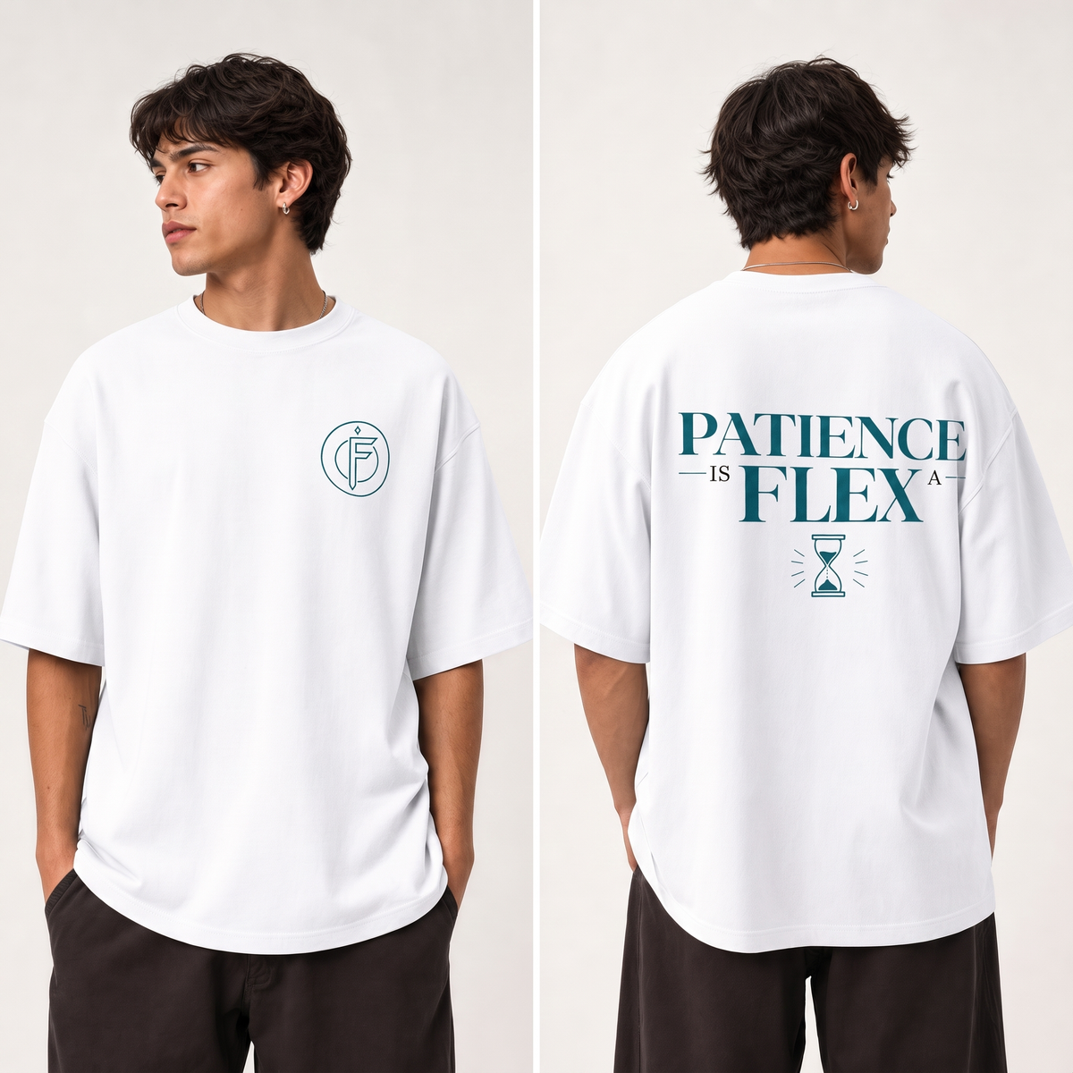 Front and back view of a model wearing a pure white oversized t-shirt. Front shows a small teal circular F icon on the left chest. Back shows PATIENCE IS FLEX text in teal with an hourglass icon below.