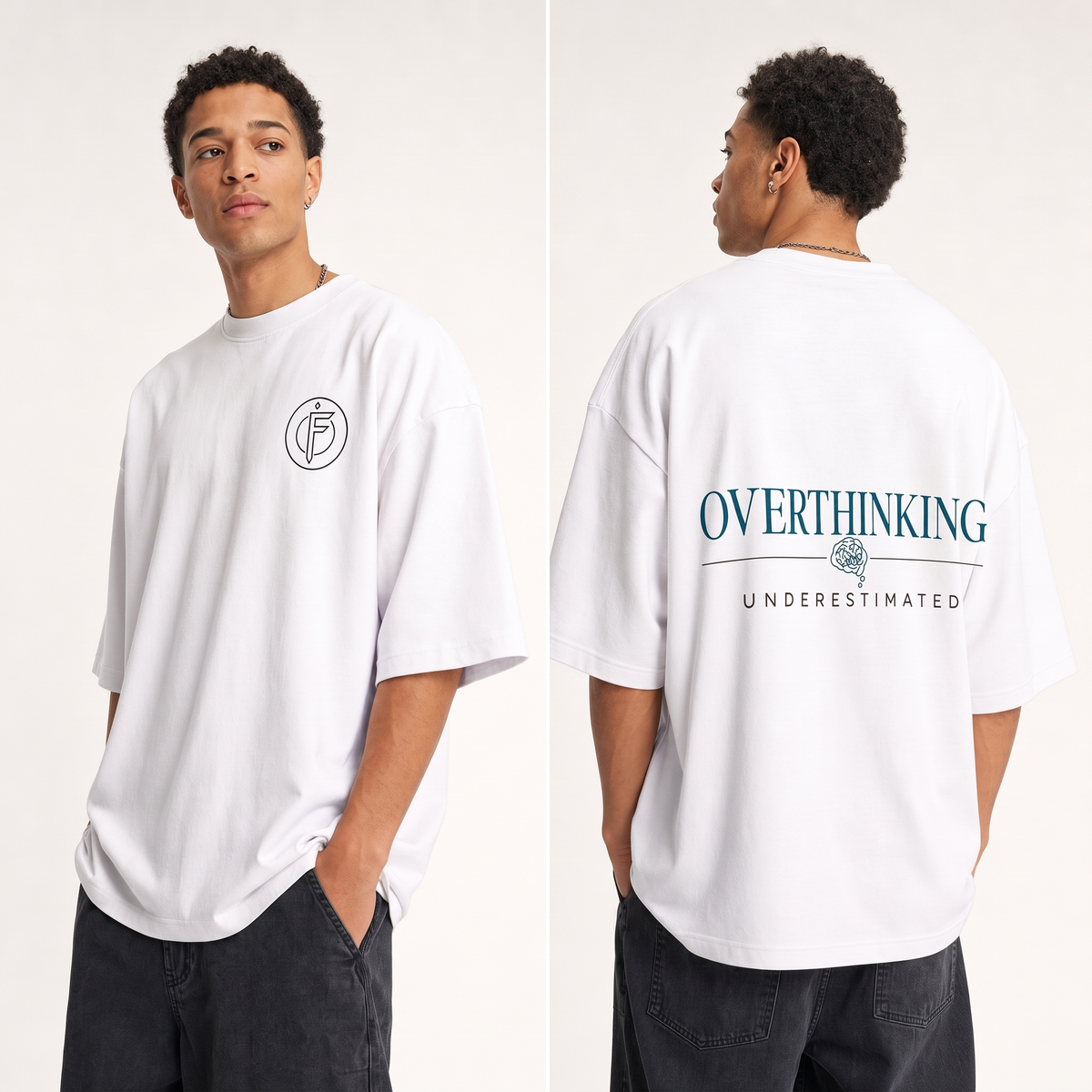Editorial studio photo of a model wearing an oversized pure white heavyweight t-shirt with the OVERTHINKING, UNDERESTIMATED graphic, front and back views, relaxed streetwear fit, clean studio background.
