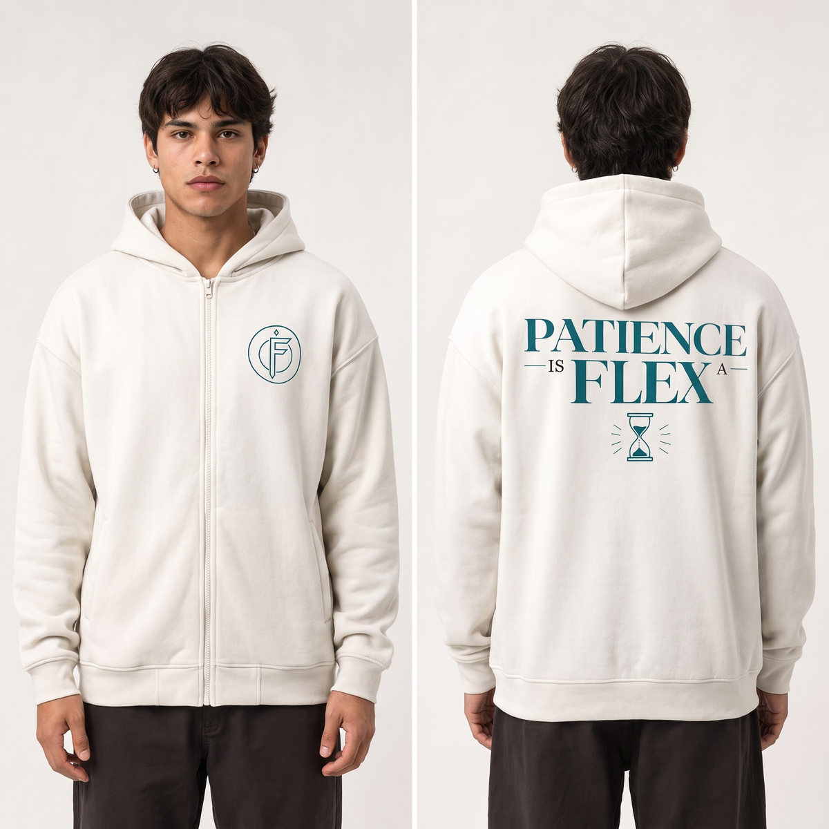Editorial studio photo of a model wearing a bone colored full-zip fleece hoodie with a small teal F icon on the chest and PATIENCE IS FLEX text with hourglass icon on the back, front and back views.