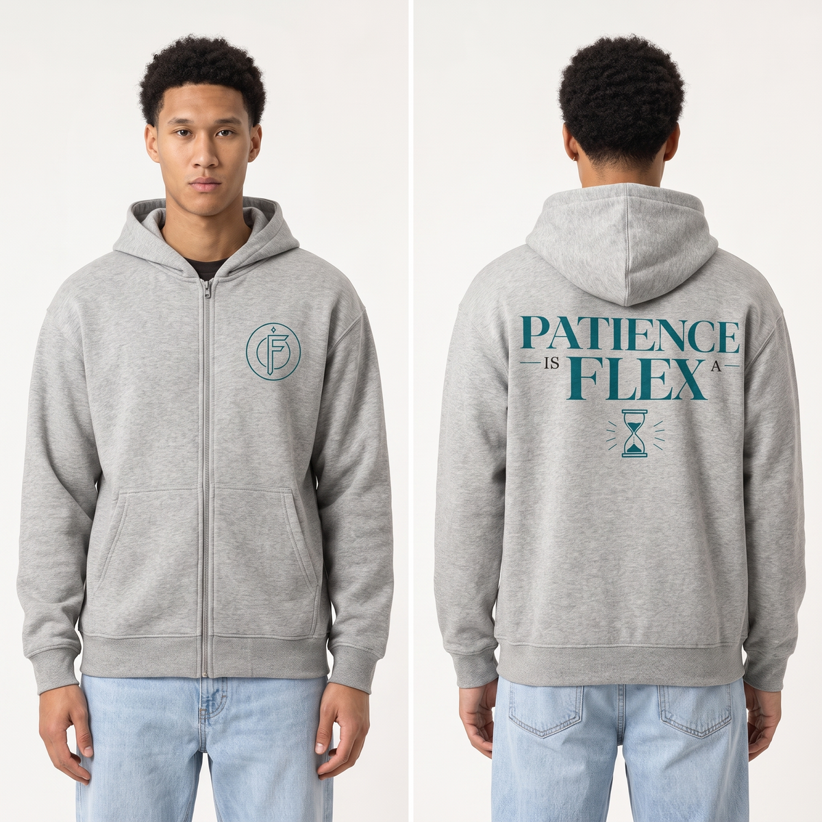 Editorial studio photo of a model wearing a heather grey full-zip fleece hoodie with a small teal F icon on the chest and PATIENCE IS FLEX text with hourglass icon on the back, front and back views.