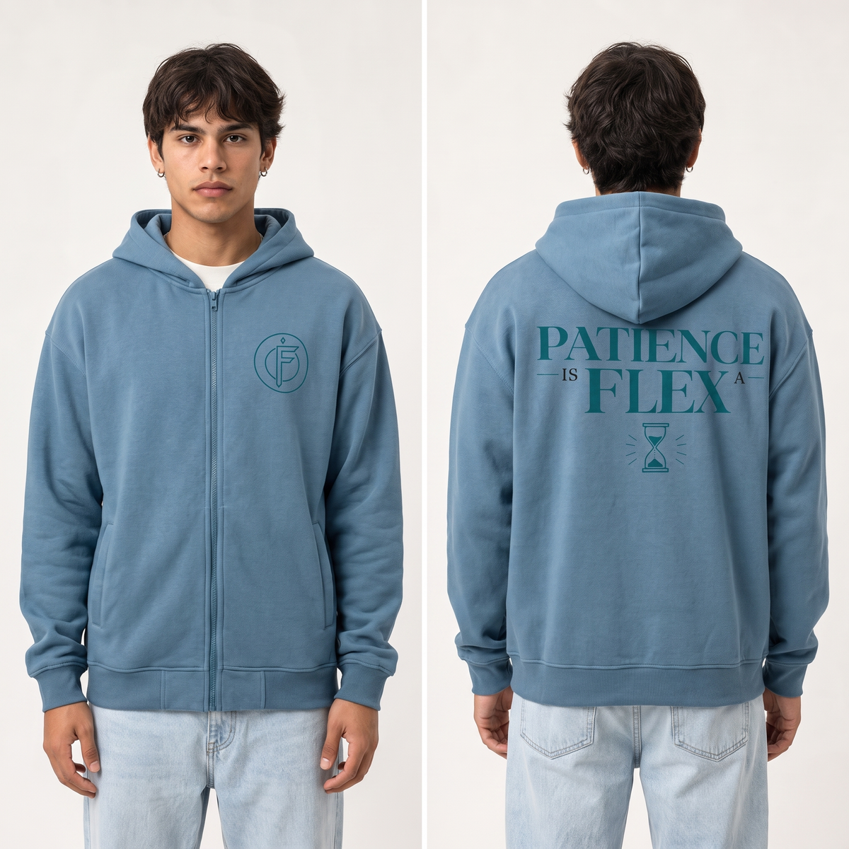 Editorial studio photo of a model wearing a sea blue full-zip fleece hoodie with a small teal F icon on the chest and PATIENCE IS FLEX text with hourglass icon on the back, front and back views.