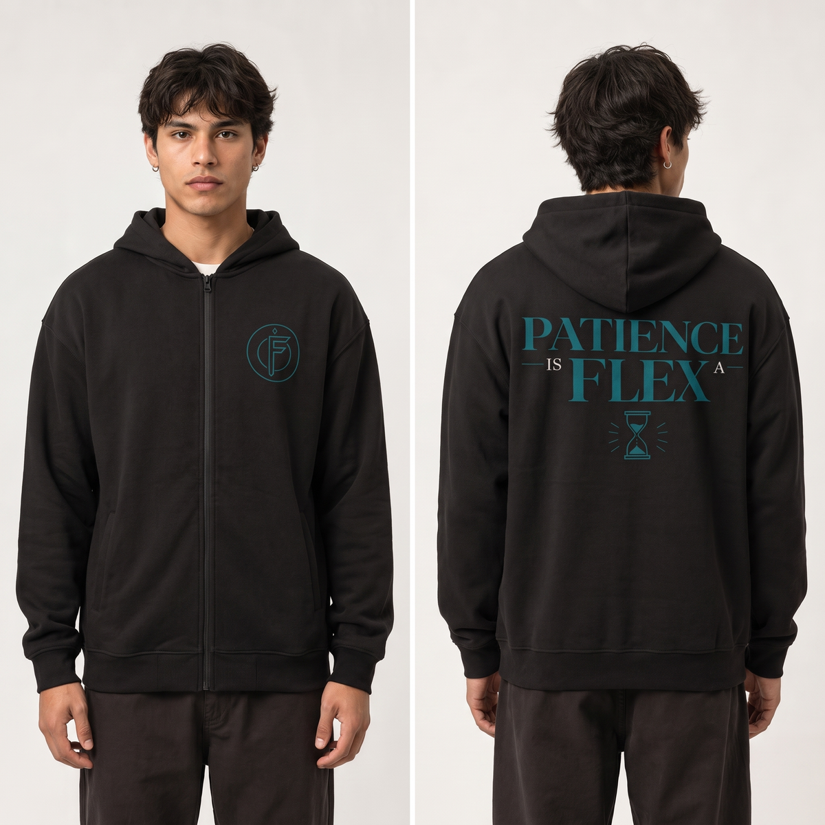 Editorial studio photo of a model wearing a black full-zip fleece hoodie with a small teal F icon on the chest and PATIENCE IS FLEX text with hourglass icon on the back, front and back views.