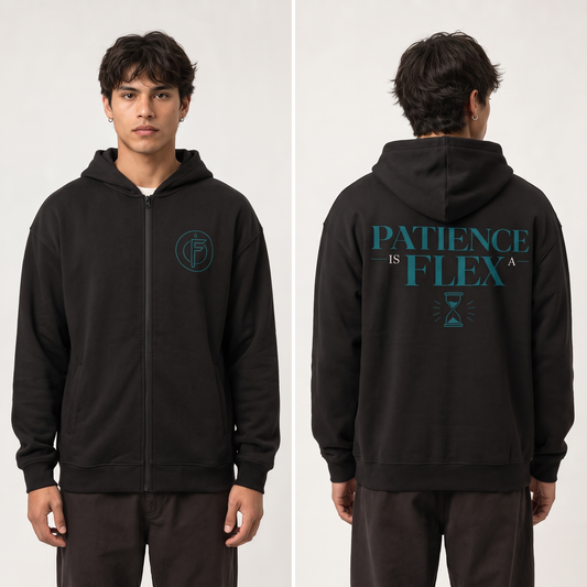 Editorial studio photo of a model wearing a black full-zip fleece hoodie with a small teal F icon on the chest and PATIENCE IS FLEX text with hourglass icon on the back, front and back views.