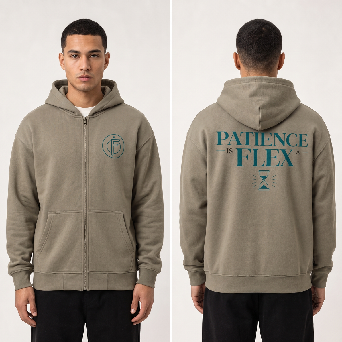 Editorial studio photo of a model wearing a Lieutenant khaki-olive-grey full-zip fleece hoodie with a small teal F icon on the chest and PATIENCE IS FLEX text with hourglass icon on the back, front and back views.