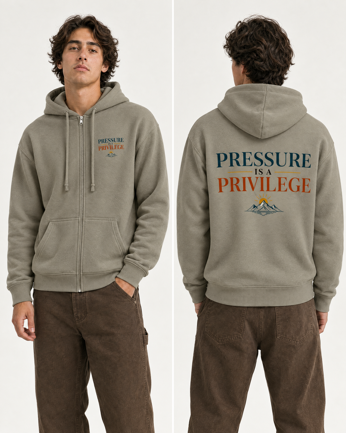 Front and back studio photo of a model wearing a Lieutenant Pressure Is Privilege full-zip hoodie.