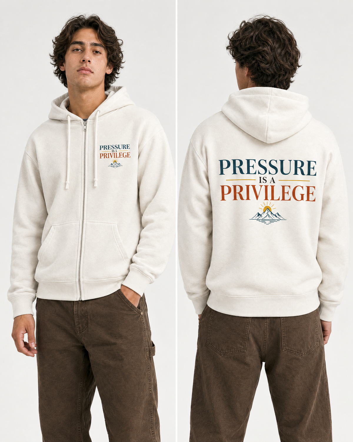 Front and back studio photo of a model wearing a bone Pressure Is Privilege full-zip hoodie.