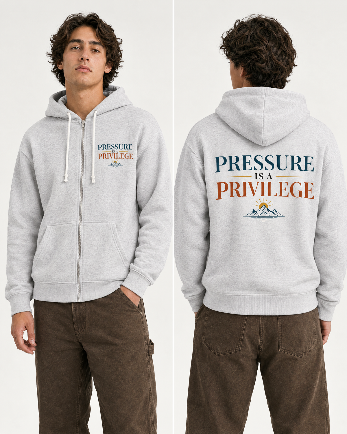 Front and back studio photo of a model wearing a heather grey Pressure Is Privilege full-zip hoodie.